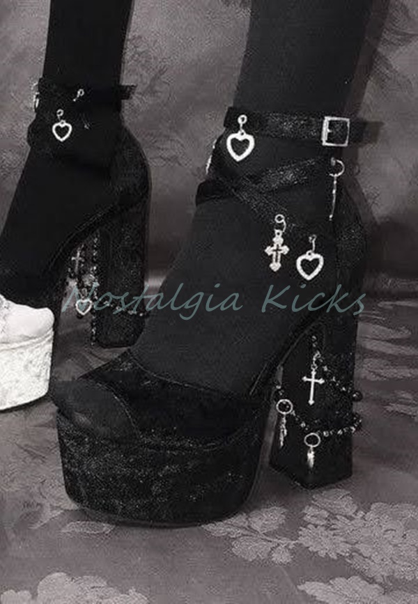 Sandal Strappy Heeled - Gothic Black Velvet Platform High Heel