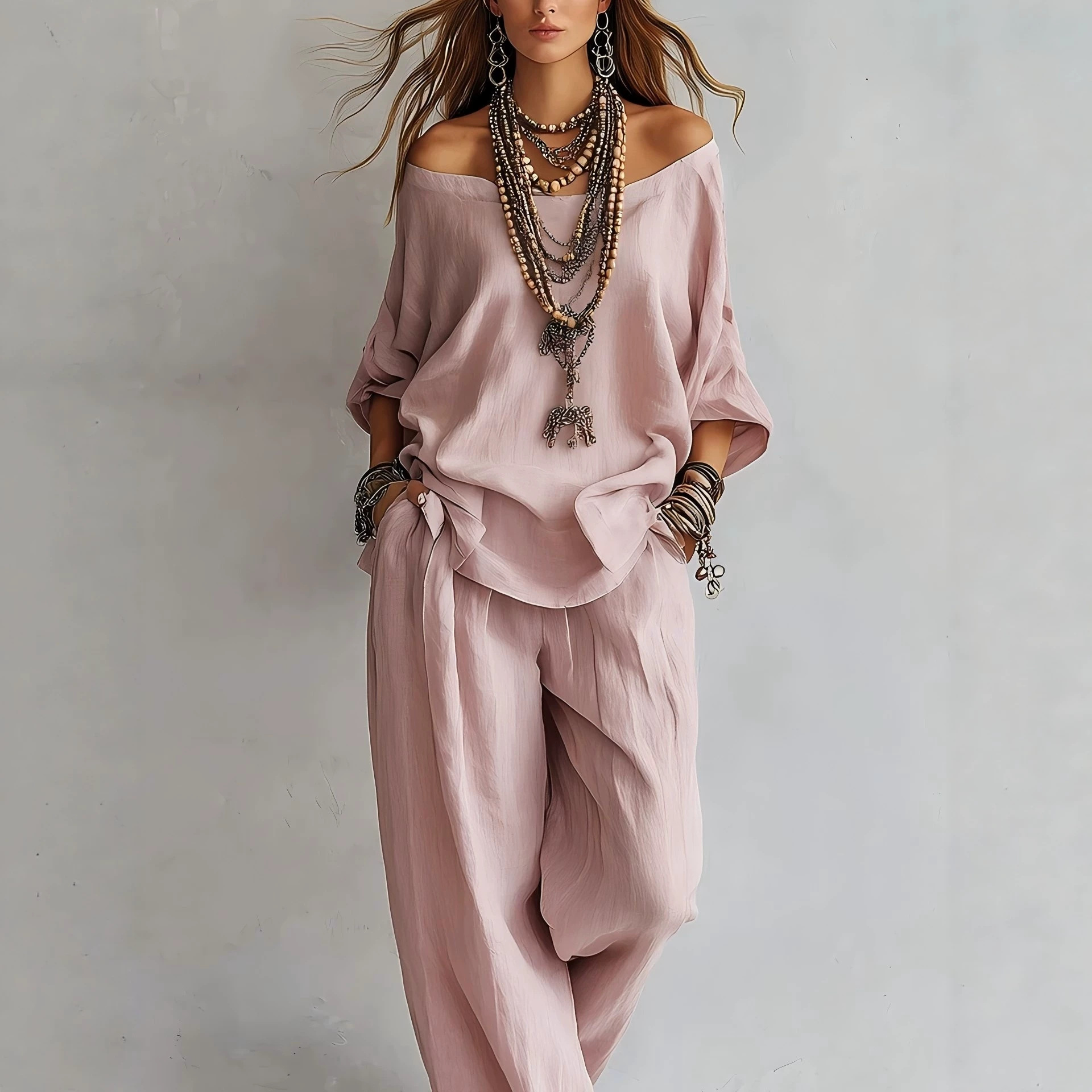 Linen Pant Wide - Casual Loose Linen Seven Sleeve Top